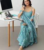 women printed regular cotton blend kurta with trousers & with dupatta