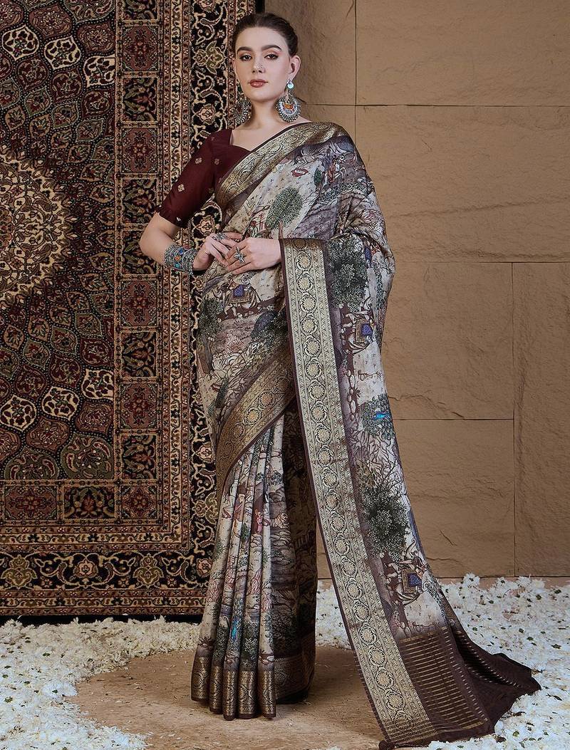 Beige woven design zari silk blend sungudi saree