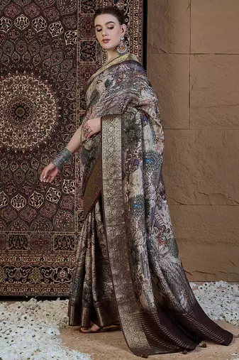 Beige woven design zari silk blend sungudi saree