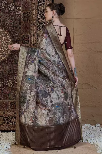 Beige woven design zari silk blend sungudi saree