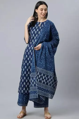 floral printed keyhole neck straight kurta with palazzos and dupatta