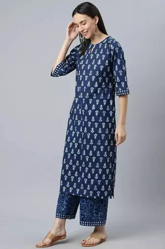 floral printed keyhole neck straight kurta with palazzos and dupatta
