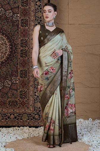 Green floral zari silk blend sungudi saree