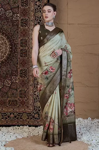 Green floral zari silk blend sungudi saree