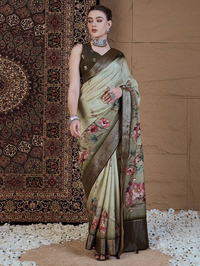 Green floral zari silk blend sungudi saree