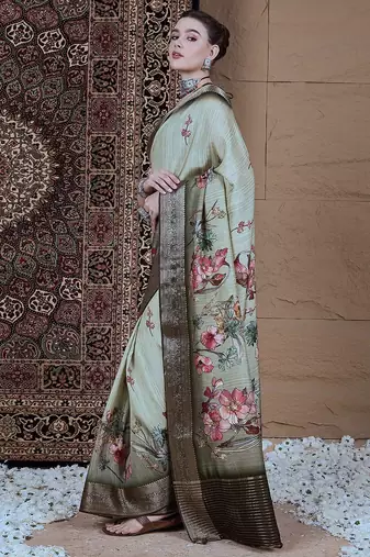 Green floral zari silk blend sungudi saree