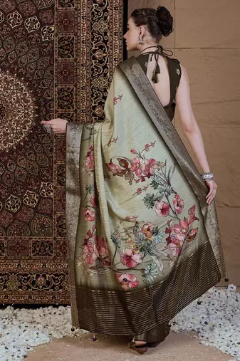 Green floral zari silk blend sungudi saree