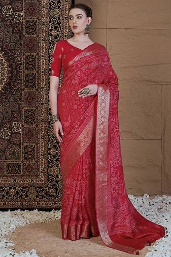 Red ethnic motifs zari silk blend sungudi saree