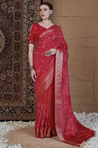 Red ethnic motifs zari silk blend sungudi saree