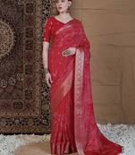 Red ethnic motifs zari silk blend sungudi saree