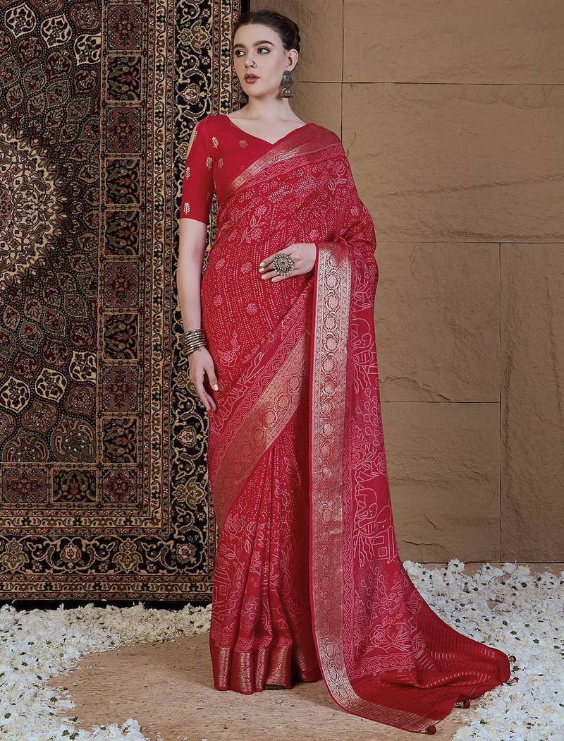 Red ethnic motifs zari silk blend sungudi saree