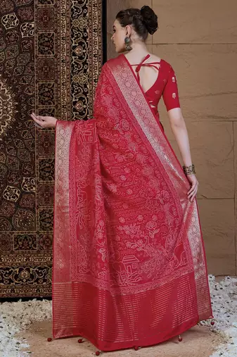 Red ethnic motifs zari silk blend sungudi saree