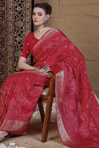 Red ethnic motifs zari silk blend sungudi saree