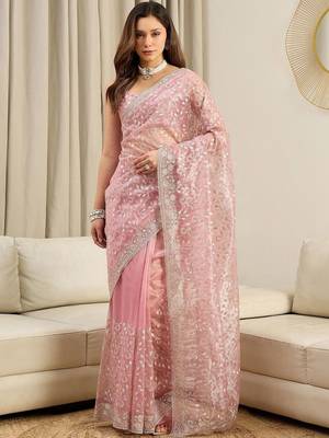 Pink floral embroidered net heavy work saree 1