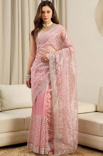Pink floral embroidered net heavy work saree