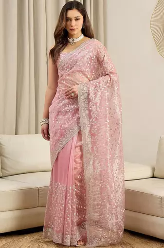 Pink floral embroidered net heavy work saree