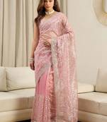 Pink floral embroidered net heavy work saree