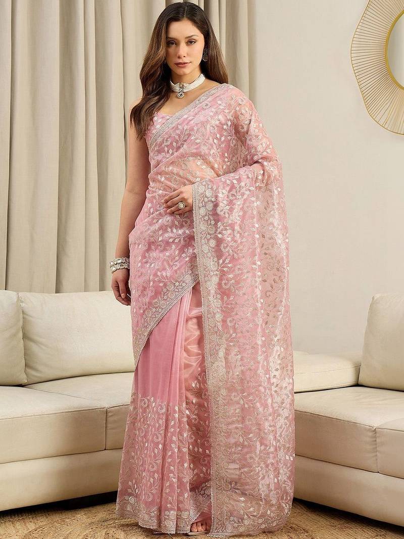 Pink floral embroidered net heavy work saree