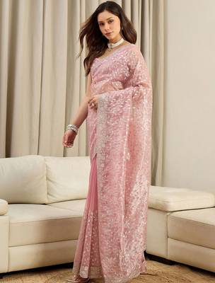 Pink floral embroidered net heavy work saree 3