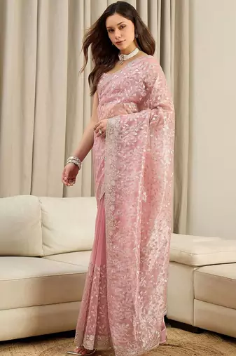 Pink floral embroidered net heavy work saree
