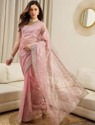 Pink floral embroidered net heavy work saree 4