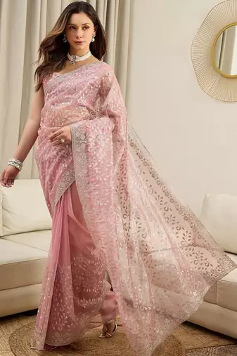 Pink floral embroidered net heavy work saree