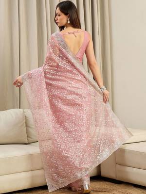 Pink floral embroidered net heavy work saree 5