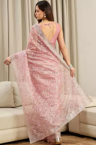 Pink floral embroidered net heavy work saree