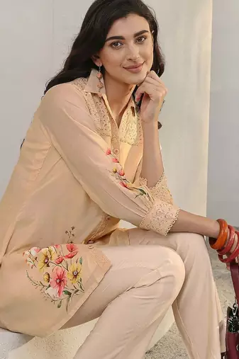 peach floral printed silk blend straight kurta set