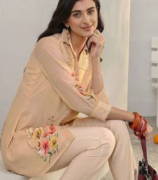 peach floral printed silk blend straight kurta set