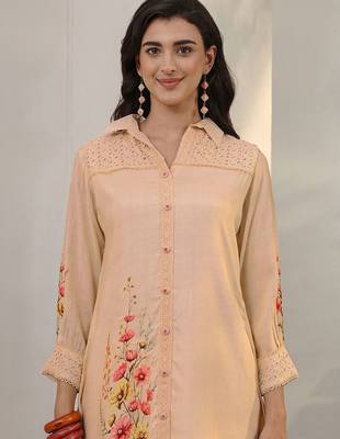 peach floral printed silk blend straight kurta set 3
