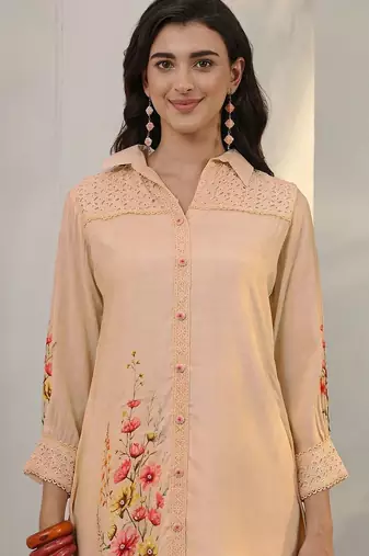 peach floral printed silk blend straight kurta set