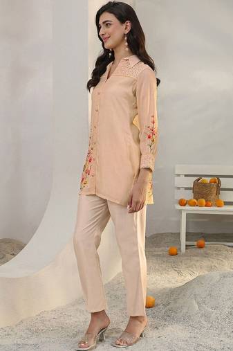 peach floral printed silk blend straight kurta set