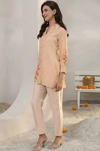 peach floral printed silk blend straight kurta set