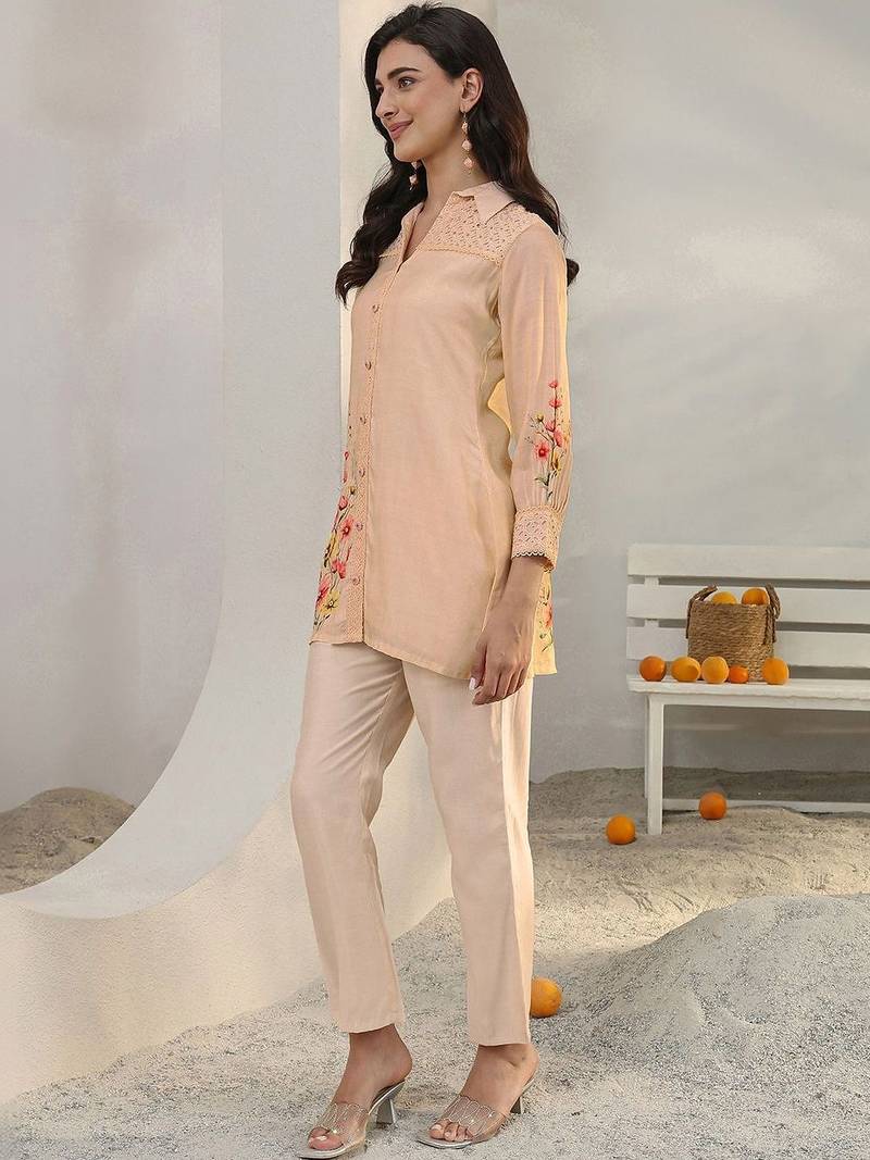 peach floral printed silk blend straight kurta set