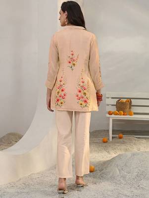 peach floral printed silk blend straight kurta set 4