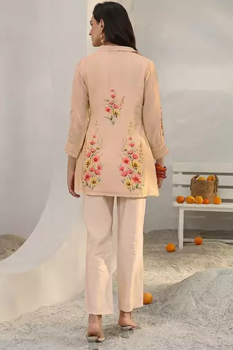 peach floral printed silk blend straight kurta set