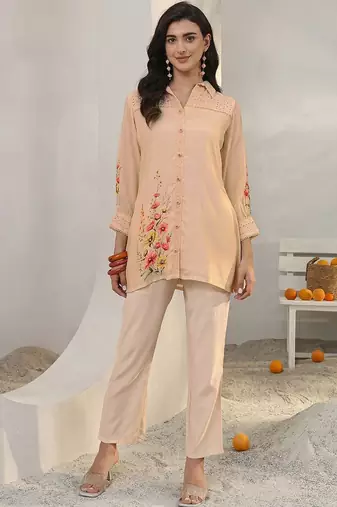 peach floral printed silk blend straight kurta set