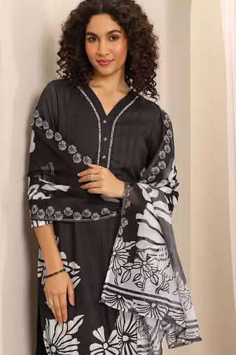 floral printed v-neck thread work straight kurta with trousers & dupatta
