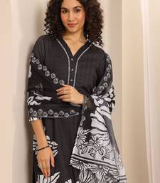 floral printed v-neck thread work straight kurta with trousers & dupatta