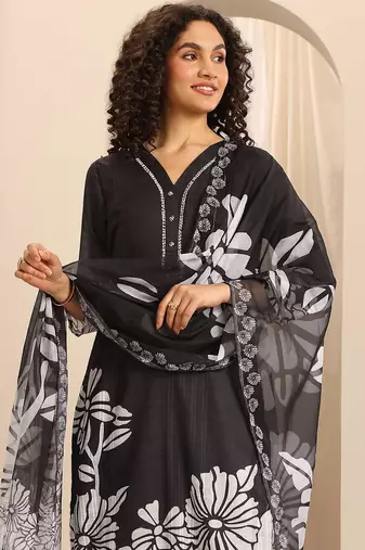 floral printed v-neck thread work straight kurta with trousers & dupatta