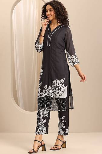floral printed v-neck thread work straight kurta with trousers & dupatta