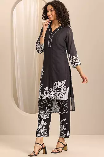 floral printed v-neck thread work straight kurta with trousers & dupatta