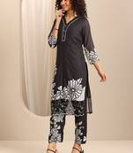 floral printed v-neck thread work straight kurta with trousers & dupatta