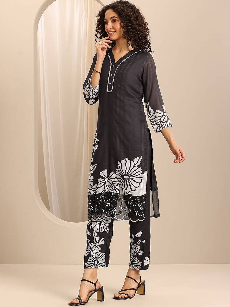 floral printed v-neck thread work straight kurta with trousers & dupatta