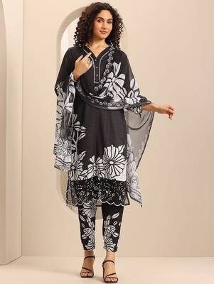 floral printed v-neck thread work straight kurta with trousers & dupatta 5