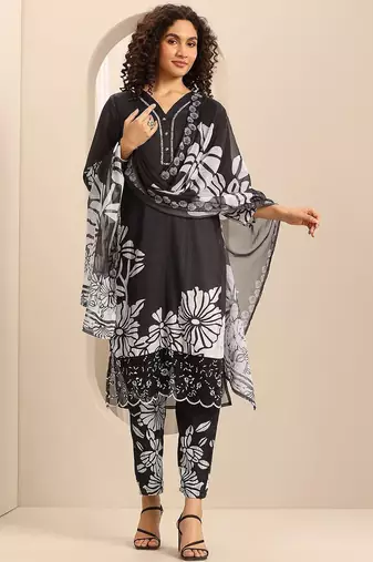 floral printed v-neck thread work straight kurta with trousers & dupatta