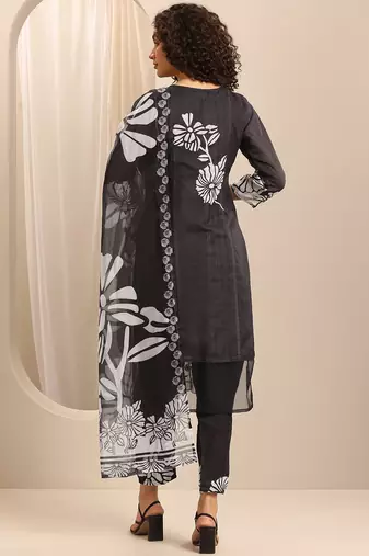 floral printed v-neck thread work straight kurta with trousers & dupatta