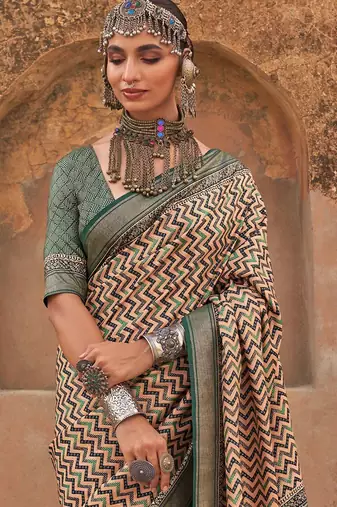 Beige jaali ethnic woven design silk blend  saree