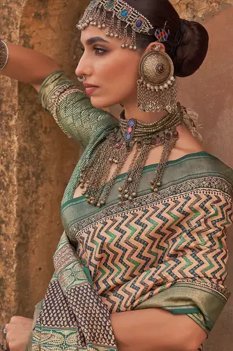Beige jaali ethnic woven design silk blend  saree